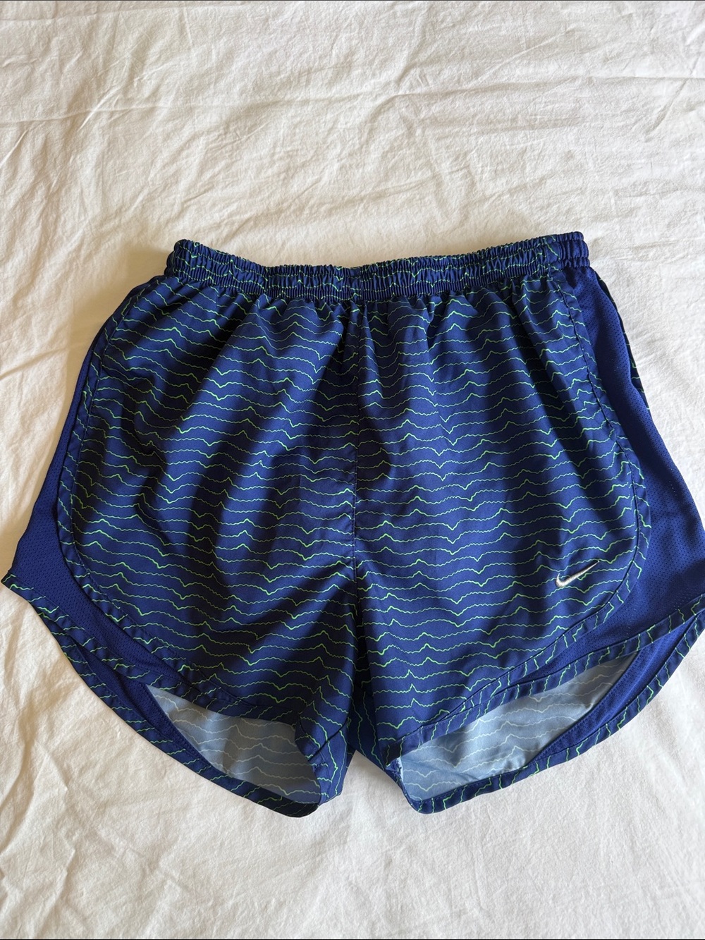 Women’s Nike Dri FIT Tempo Shorts- Navy with green waves- Size Small